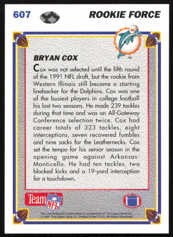 1991 Upper Deck Bryan Cox #607 (Back)