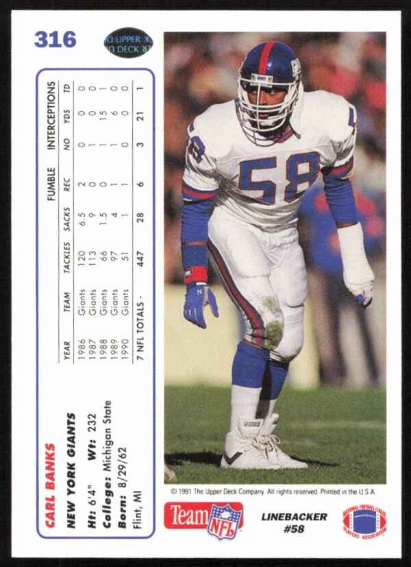 1991 Upper Deck Carl Banks #316 (Back)