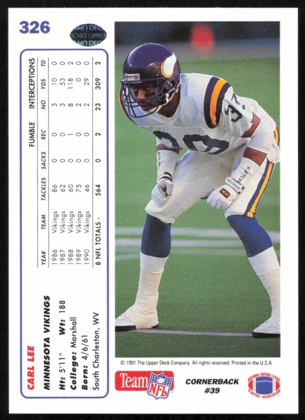 1991 Upper Deck Carl Lee #326 (Back)