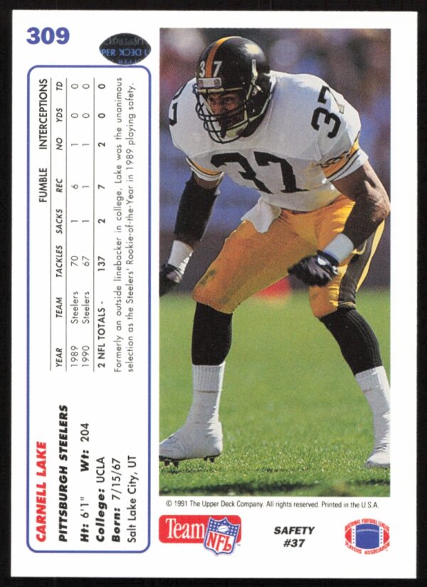 1991 Upper Deck Carnell Lake #309 (Back)