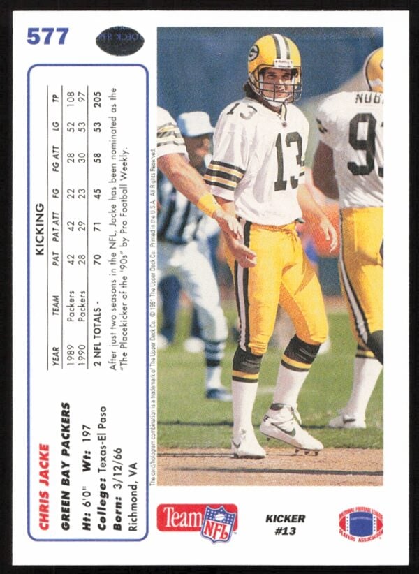 1991 Upper Deck Chris Jacke #577 (Back)