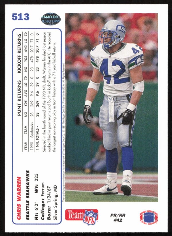 1991 Upper Deck Chris Warren #513 (Back)