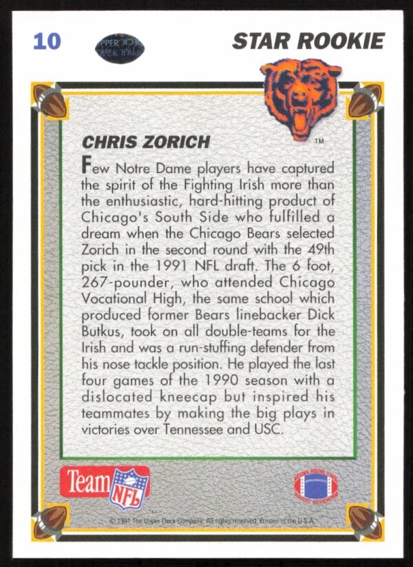 1991 Upper Deck Chris Zorich #10 (Back)