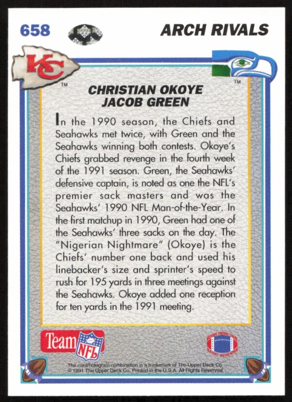 1991 Upper Deck Christian Okoye / Jacob Green AR #658 (Back)