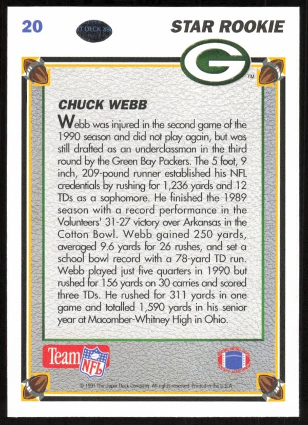 1991 Upper Deck Chuck Webb #20 (Back)