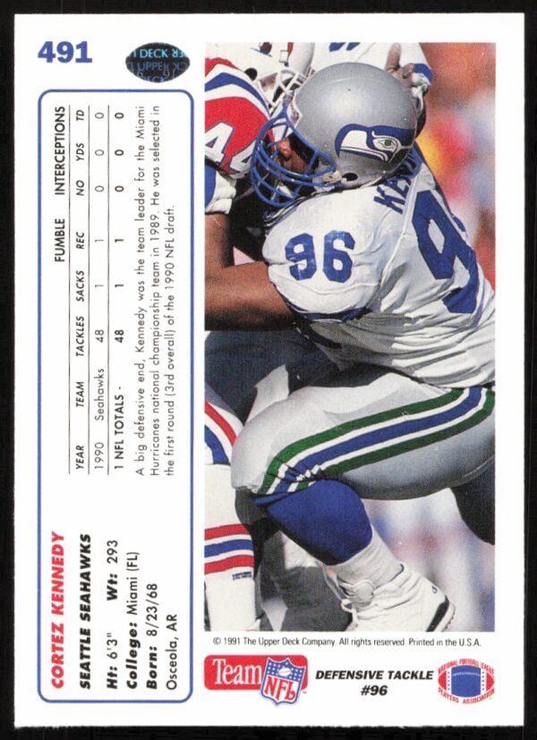 1991 Upper Deck Cortez Kennedy #491 (Back)