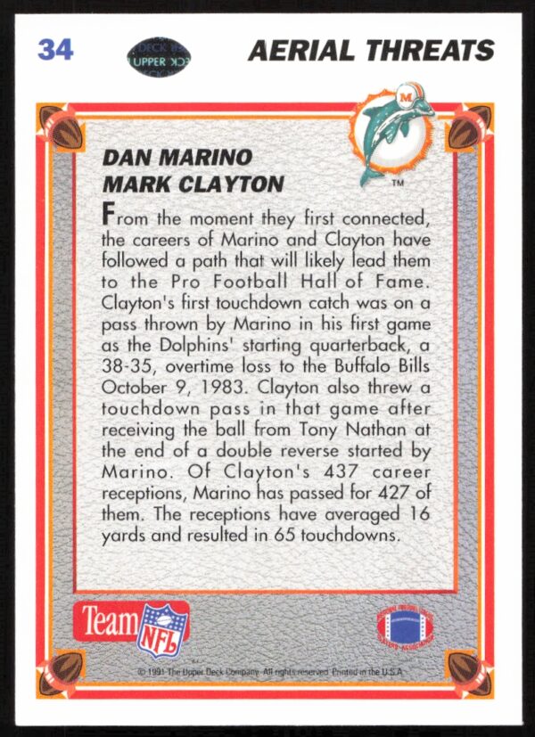 1991 Upper Deck Dan Marino / Mark Clayton AT #34 (Back)