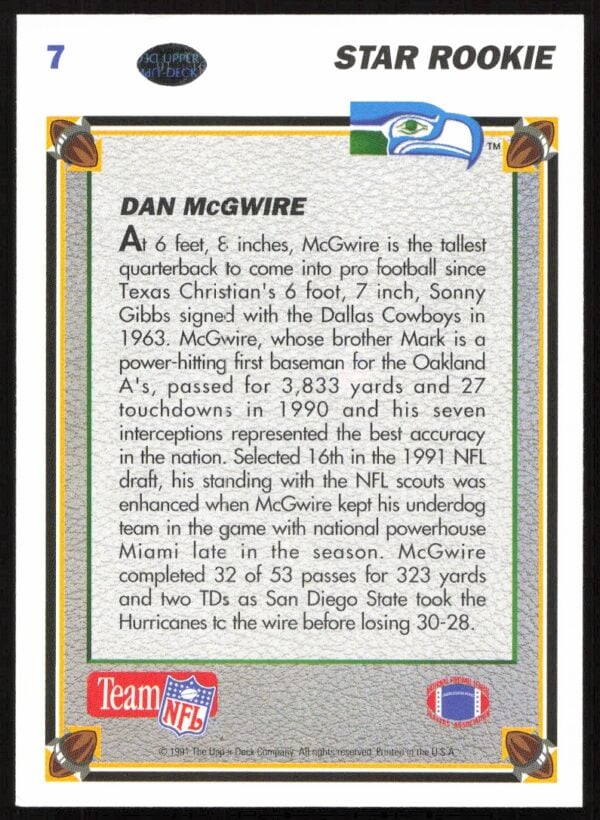 1991 Upper Deck Dan McGwire #7 (Back)