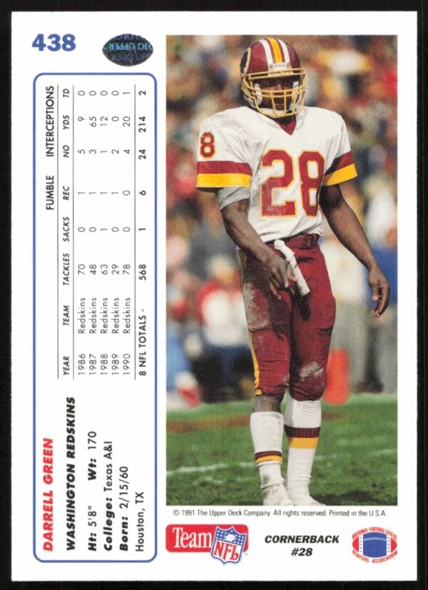 1991 Upper Deck Darrell Green #438 (Back)