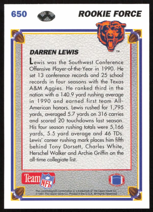 1991 Upper Deck Darren Lewis #650 (Back)