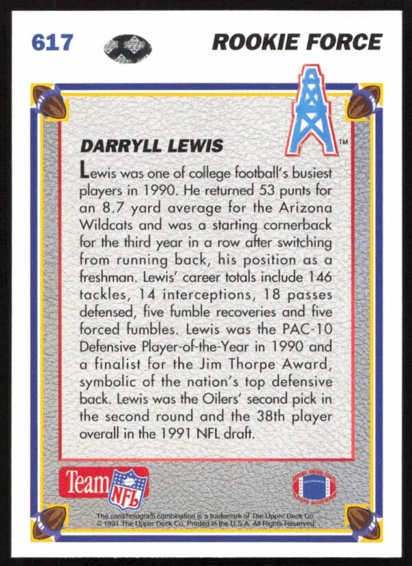 1991 Upper Deck Darryll Lewis #617 (Back)