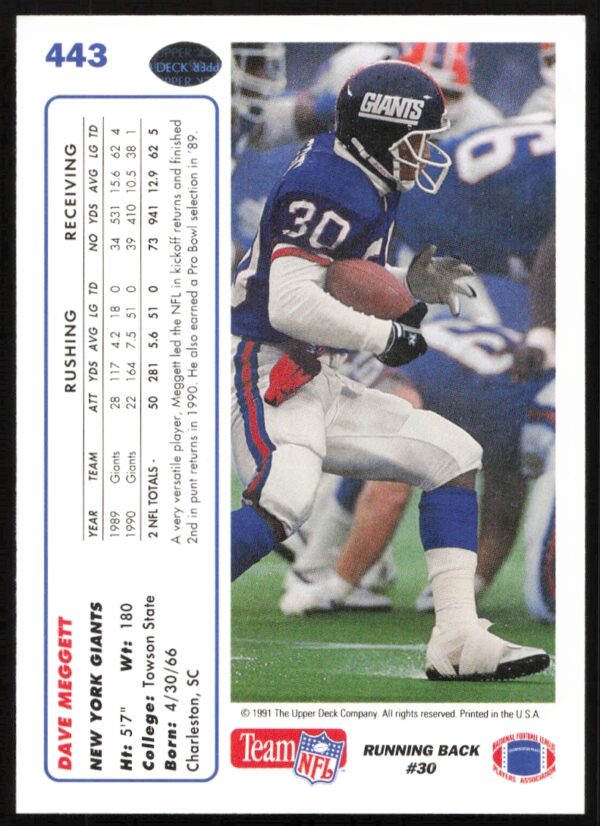 1991 Upper Deck Dave Meggett #443 (Back)