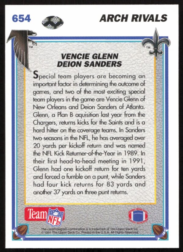 1991 Upper Deck Deion Sanders / Vencie Glenn AR #654 (Back)