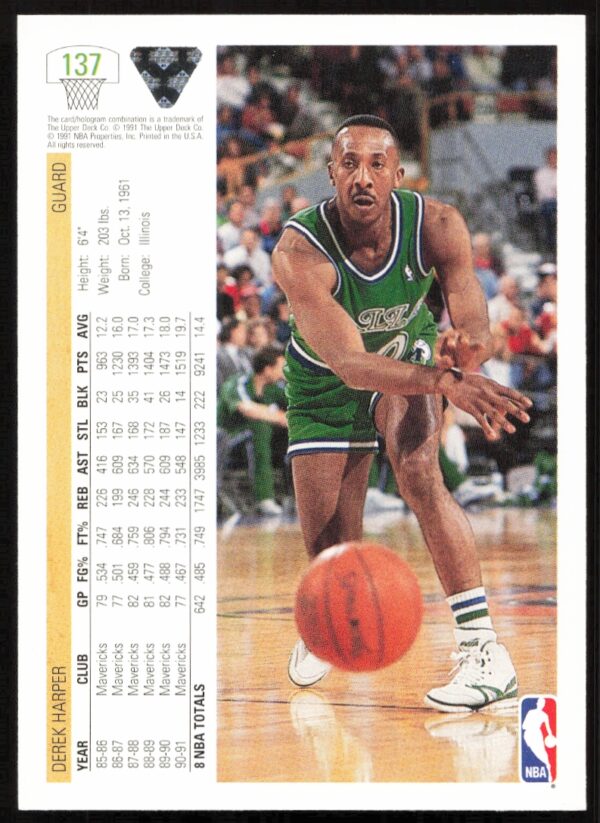 1991 Upper Deck Derek Harper #137 (Back)