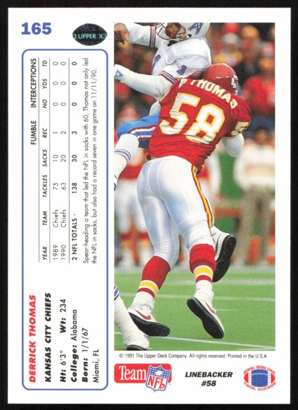 1991 Upper Deck Derrick Thomas #165 (Back)