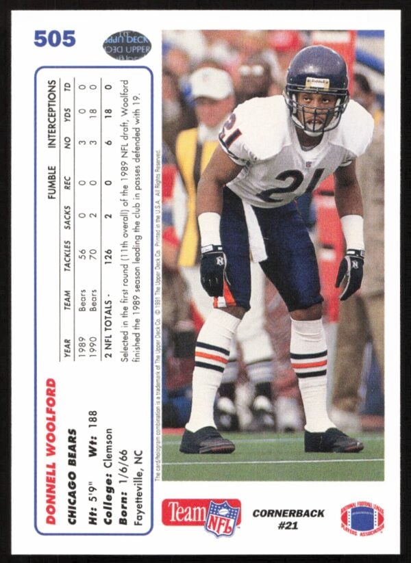 1991 Upper Deck Donnell Woolford #505 (Back)