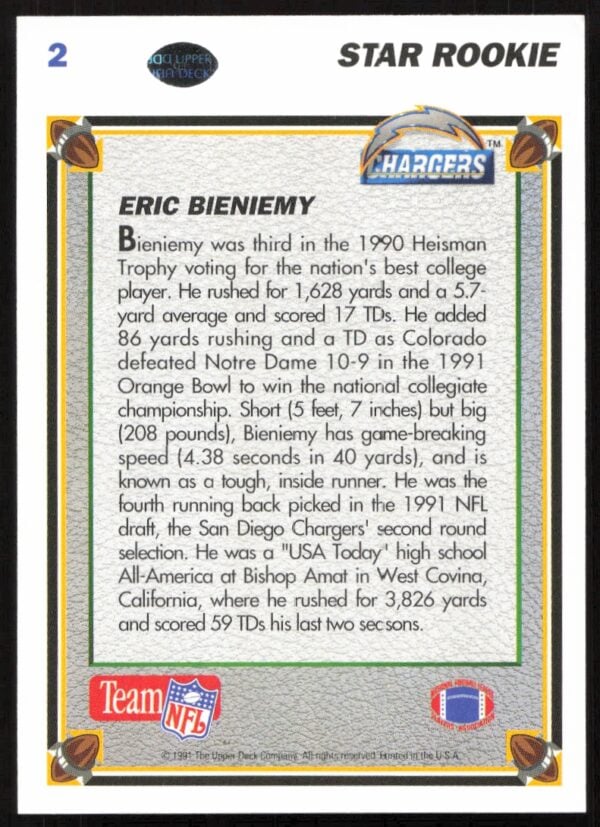 1991 Upper Deck Eric Bieniemy #2 (Back)