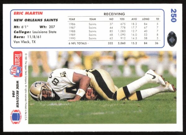 1991 Upper Deck Eric Martin #250 (Back)