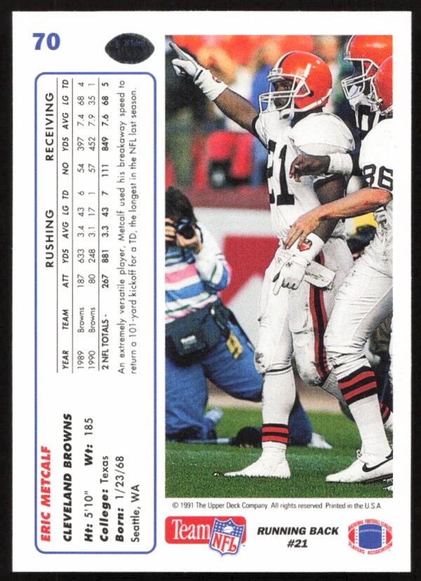 1991 Upper Deck Eric Metcalf #70 (Back)