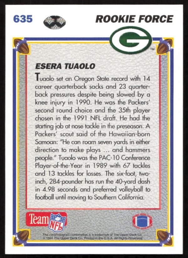 1991 Upper Deck Esera Tuaolo #635 (Back)