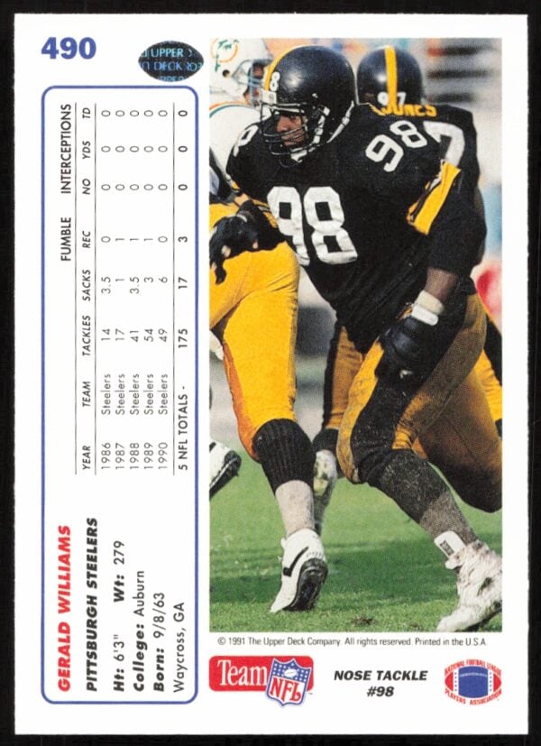 1991 Upper Deck Gerald Williams #490 (Back)