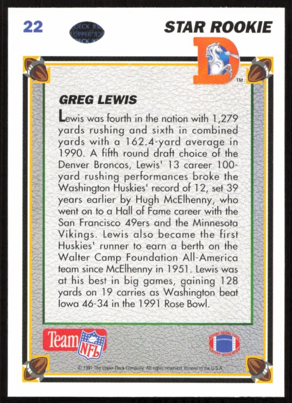 1991 Upper Deck Greg Lewis #22 (Back)