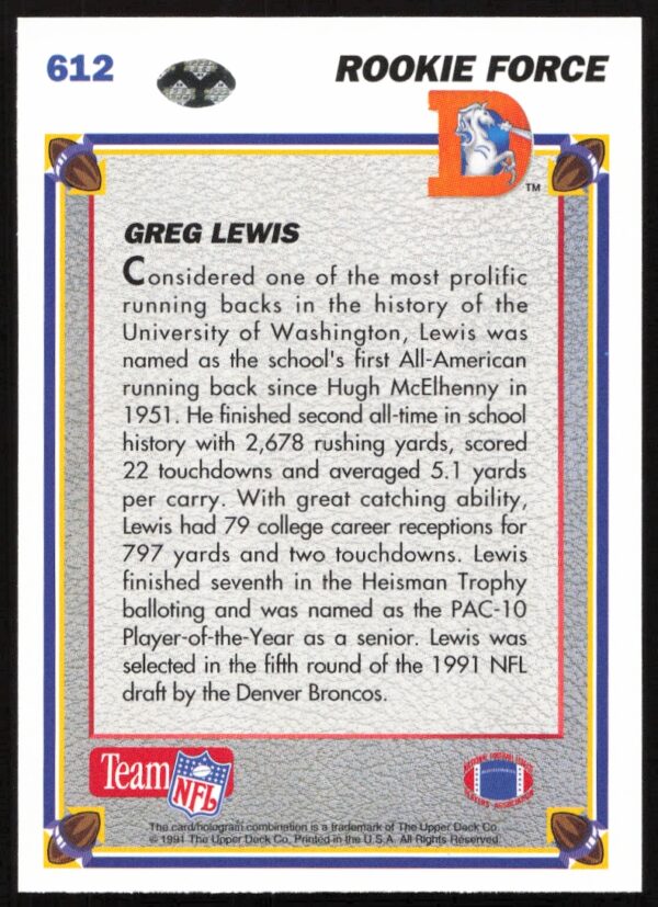 1991 Upper Deck Greg Lewis #612 (Back)