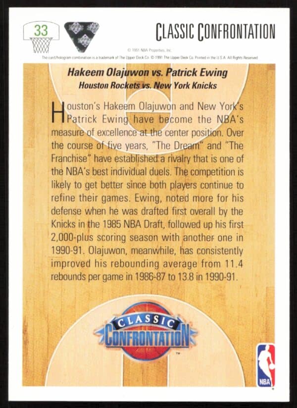 1991 Upper Deck Hakeem Olajuwon / Patrick Ewing #33 (Back)