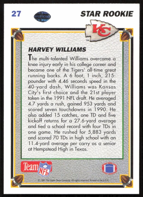 1991 Upper Deck Harvey Williams #27 (Back)