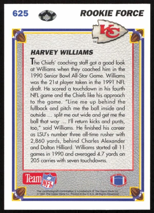 1991 Upper Deck Harvey Williams #625 (Back)