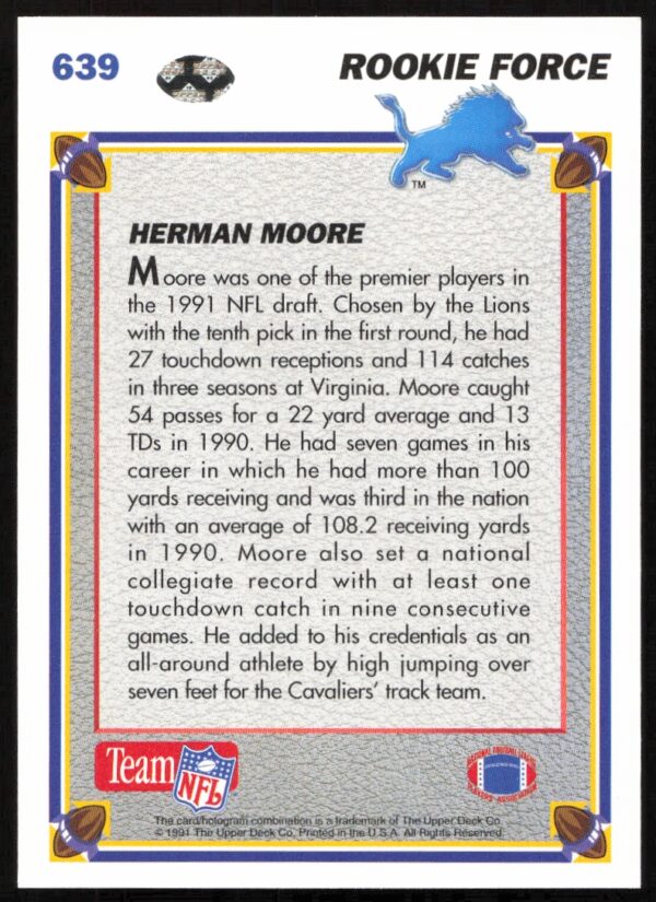 1991 Upper Deck Herman Moore #639 (Back)