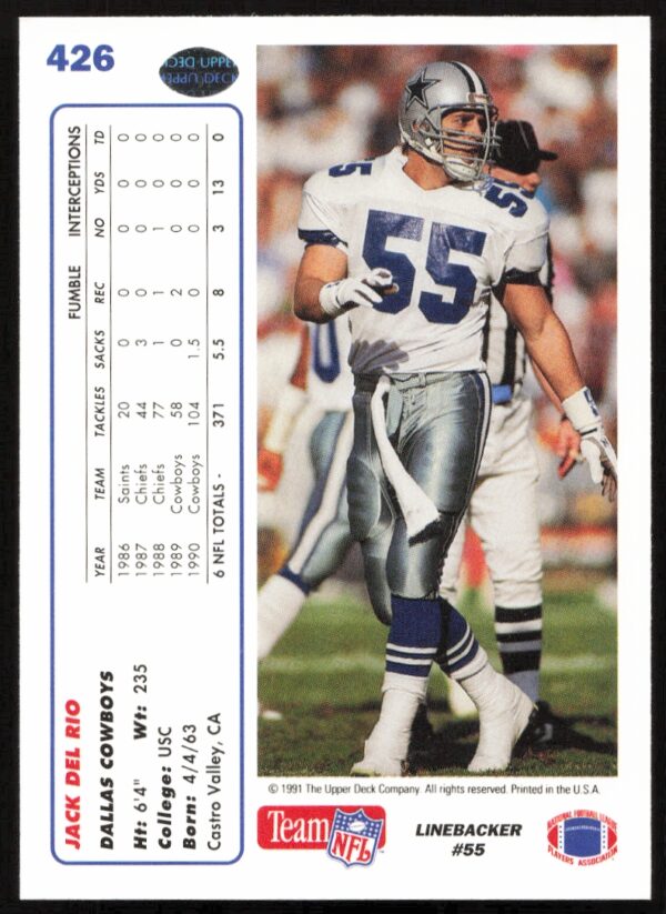 1991 Upper Deck Jack Del Rio #426 (Back)