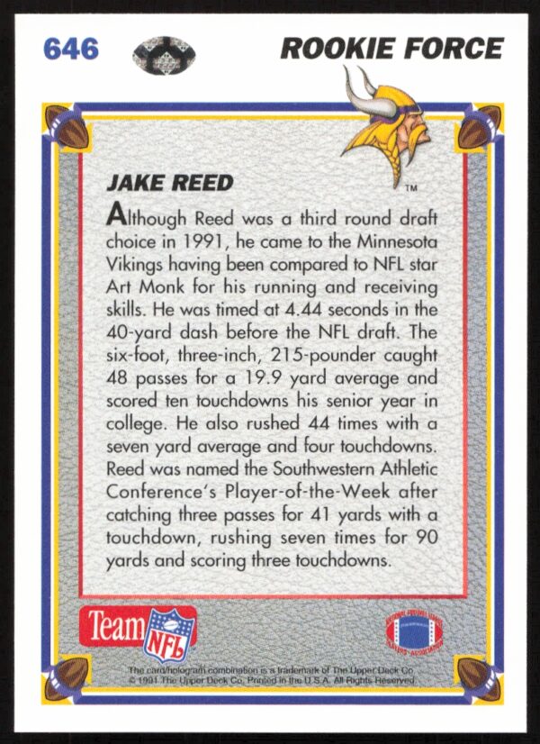 1991 Upper Deck Jake Reed #646 (Back)