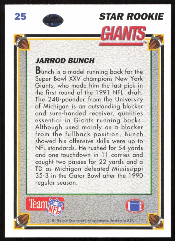 1991 Upper Deck Jarrod Bunch #25 (Back)