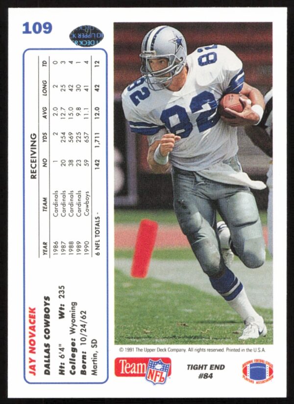 1991 Upper Deck Jay Novacek #109 (Back)