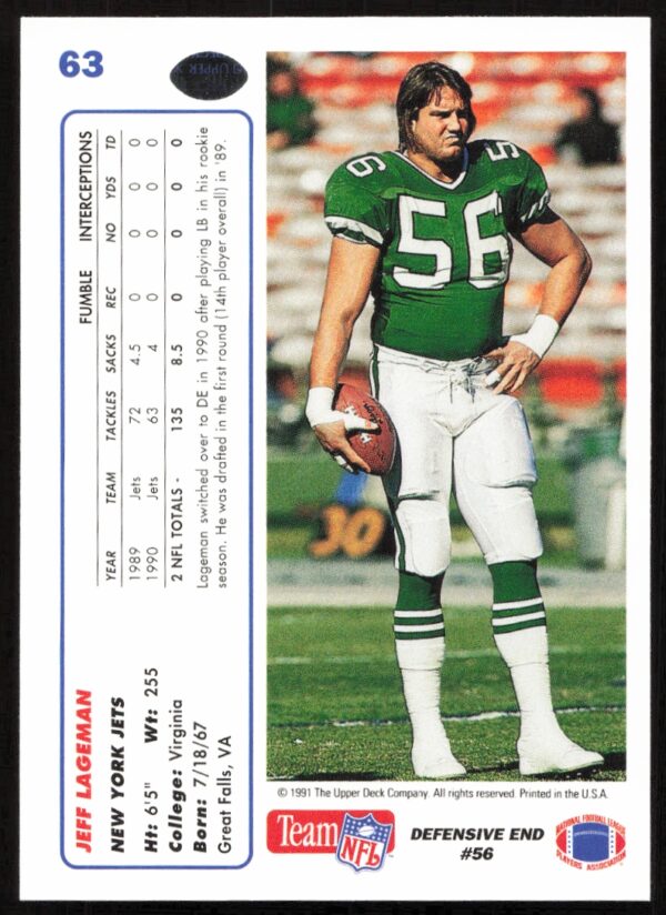 1991 Upper Deck Jeff Lageman #63 (Back)