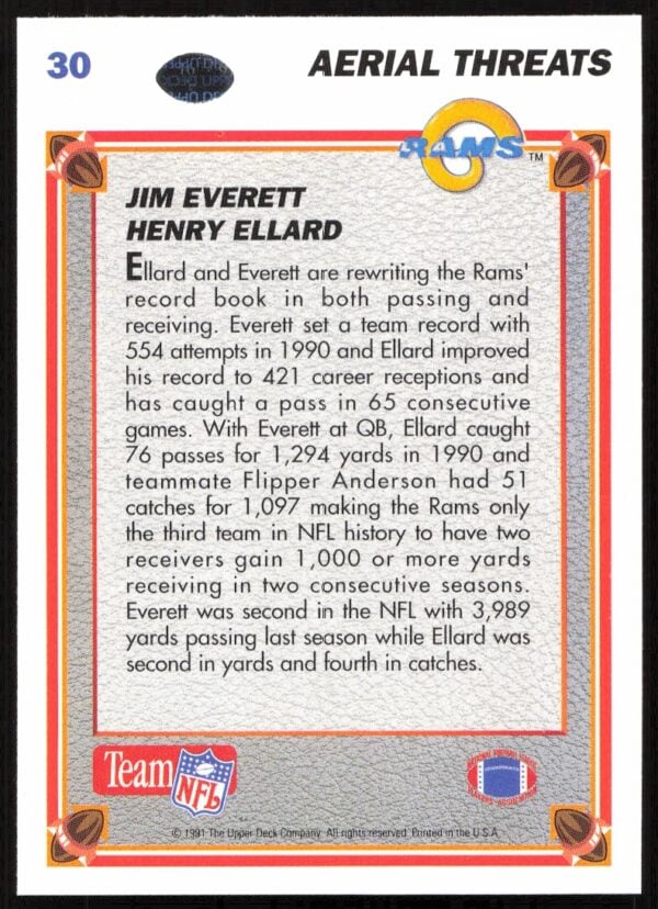 1991 Upper Deck Jim Everett / Henry Ellard #30 (Back)