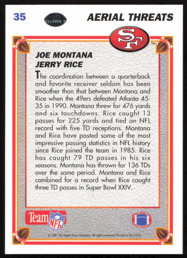 1991 Upper Deck Joe Montana / Jerry Rice AT #35 (Back)