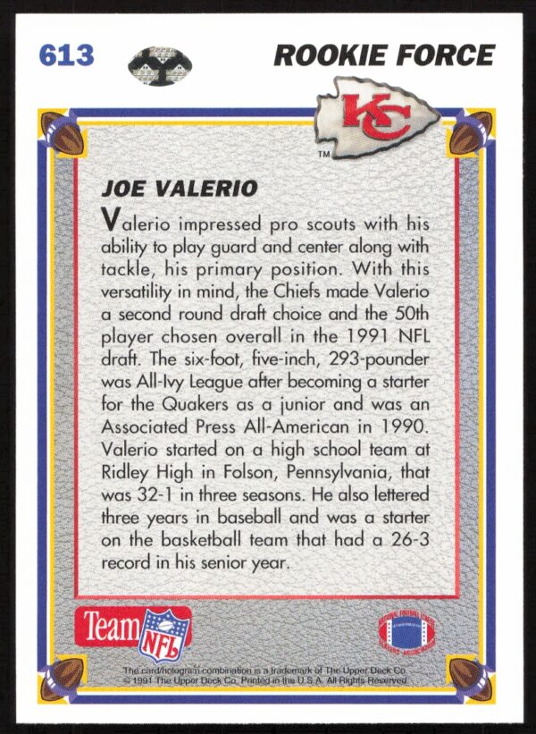 1991 Upper Deck Joe Valerio #613 (Back)