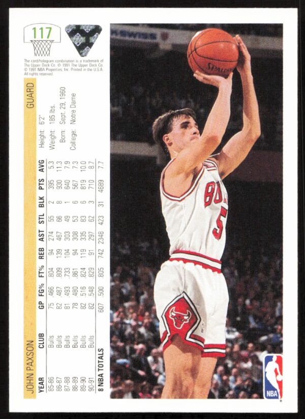 1991 Upper Deck John Paxson #117 (Back)