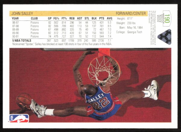 1991 Upper Deck John Salley #190 (Back)