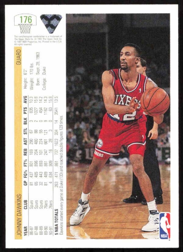 1991 Upper Deck Johnny Dawkins #176 (Back)