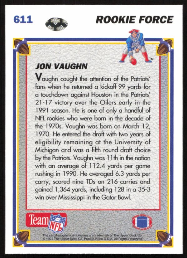 1991 Upper Deck Jon Vaughn #611 (Back)