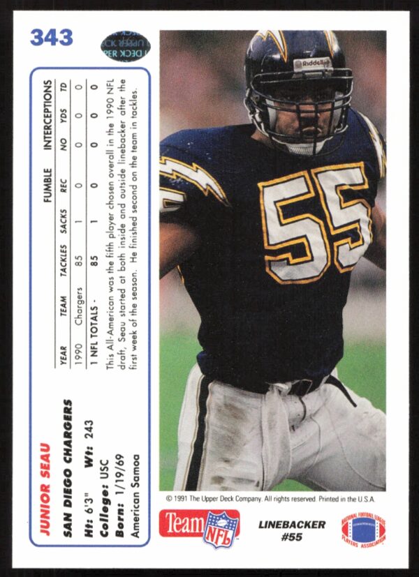 1991 Upper Deck Junior Seau #343 (Back)