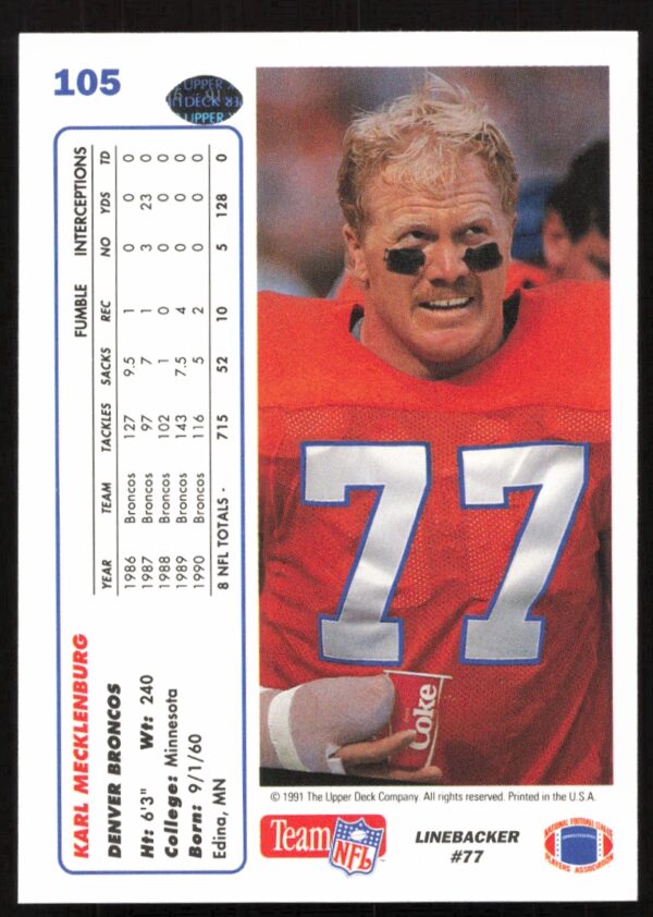 1991 Upper Deck Karl Mecklenburg #105 (Back)