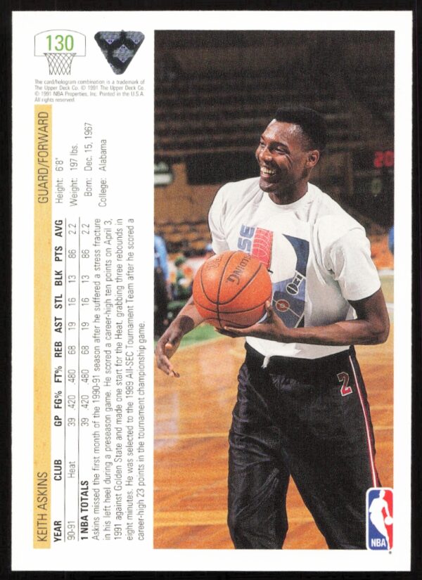 1991 Upper Deck Keith Askins #130 (Back)