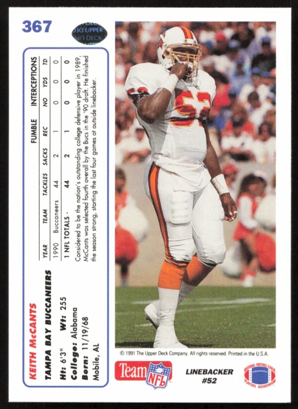 1991 Upper Deck Keith McCants #367 (Back)