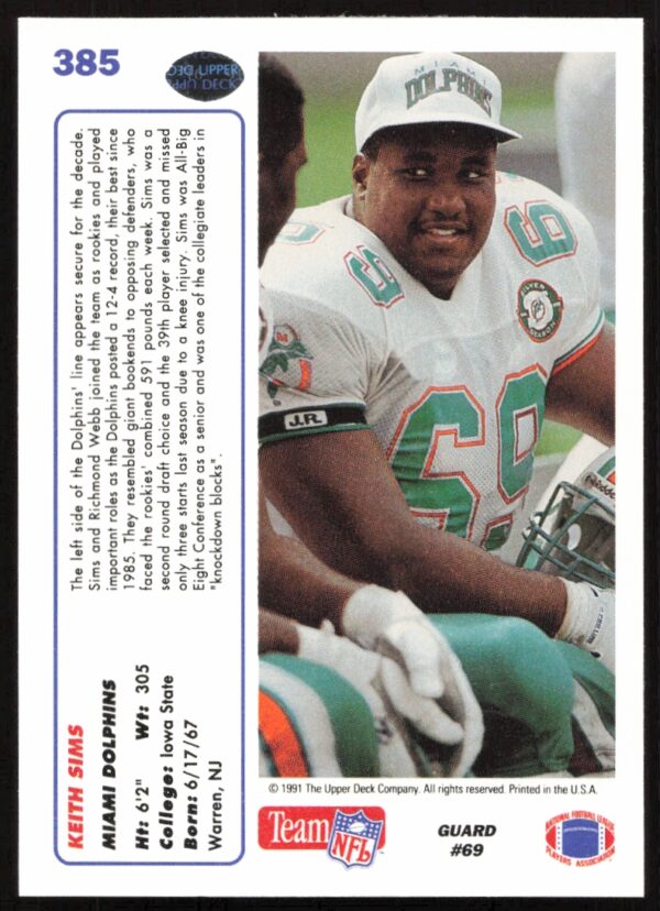 1991 Upper Deck Keith Sims #385 (Back)