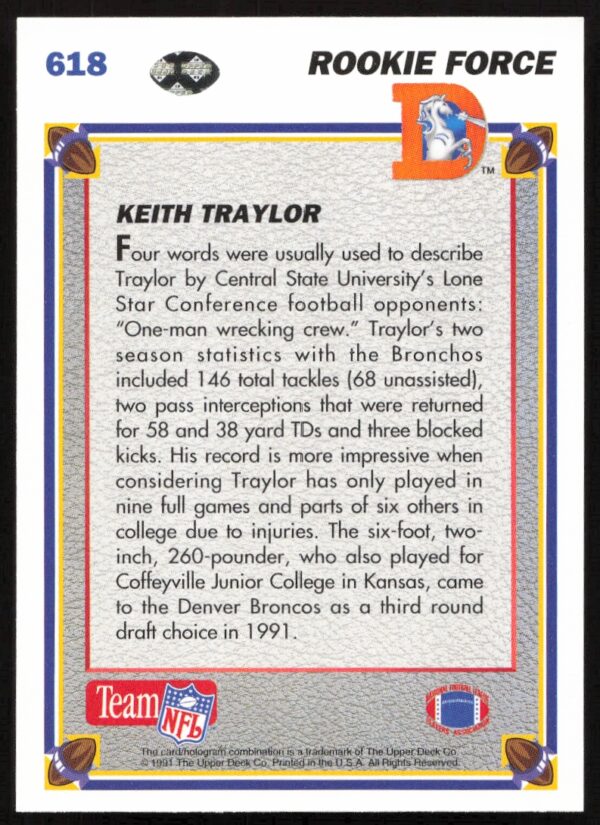 1991 Upper Deck Keith Traylor #618 (Back)