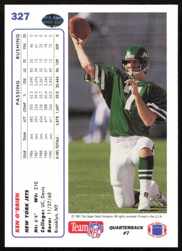 1991 Upper Deck Ken O'Brien #327 (Back)